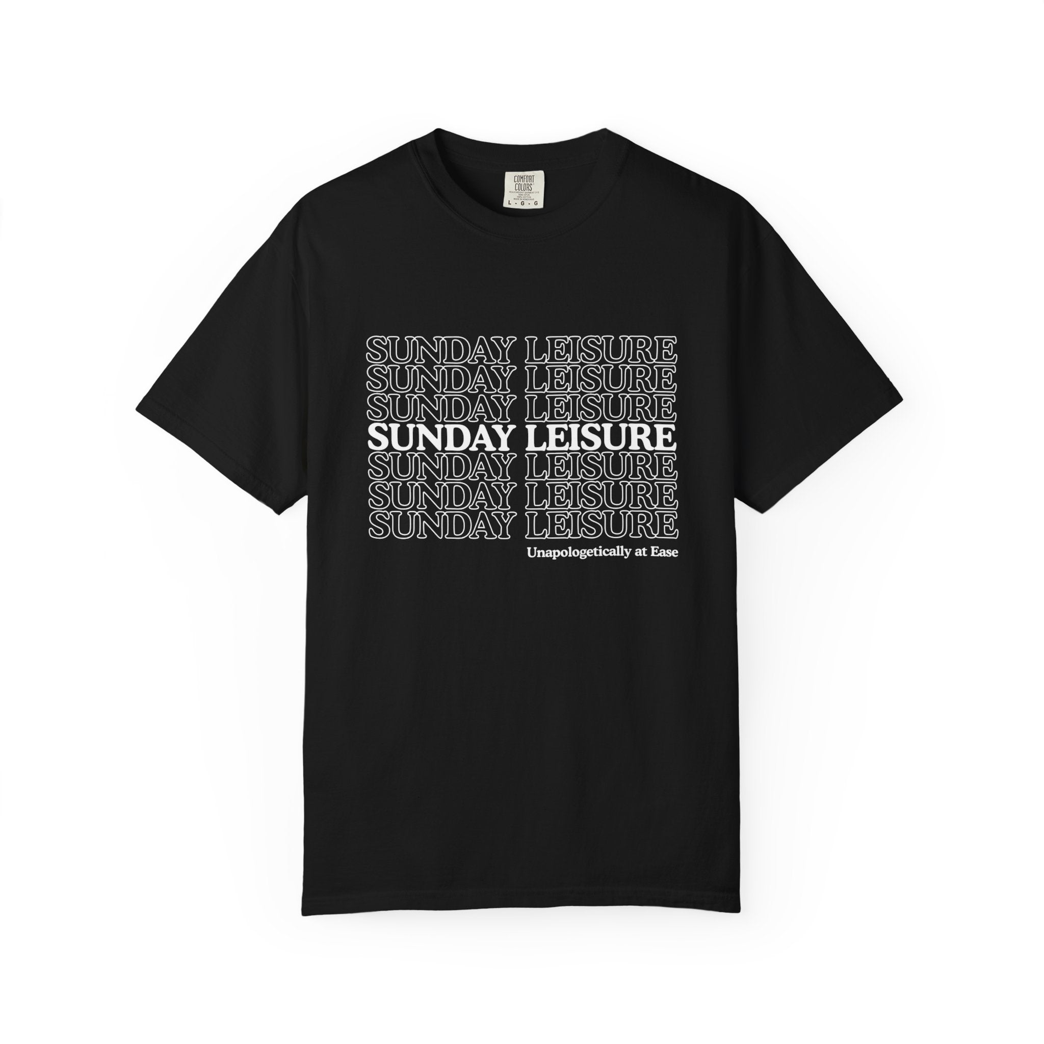 Black t-shirt with 'SUNDAY LEISURE' text on a white background